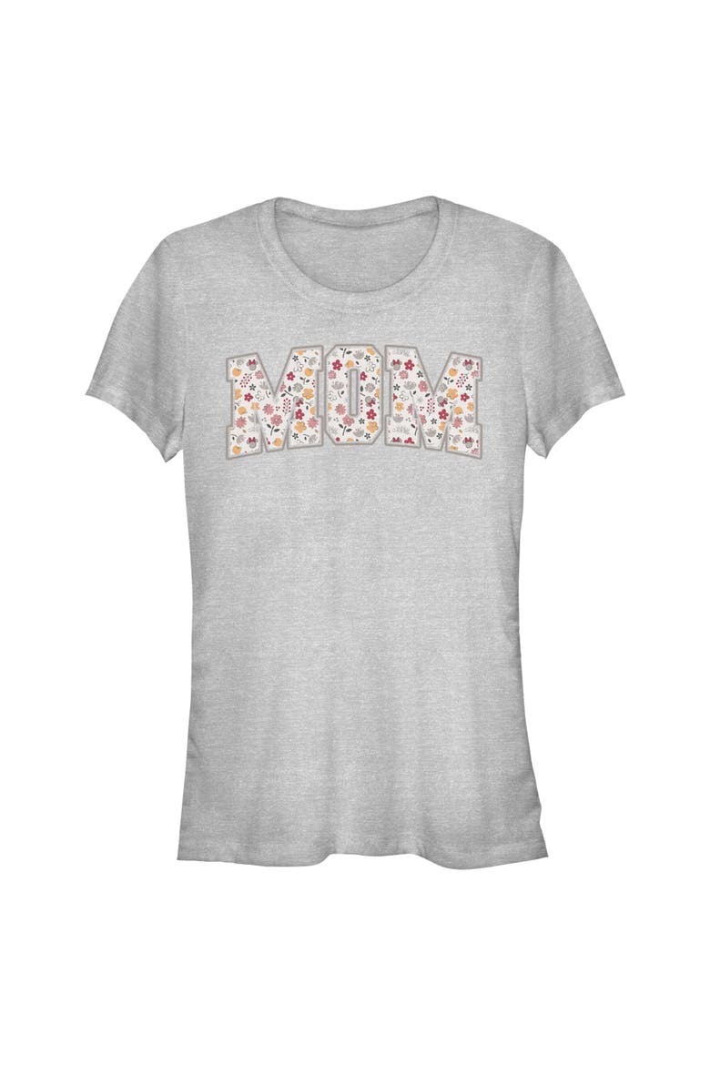 Junior's Minnie Mouse Mom Collegiate Flower Print  Graphic T-Shirt, Main, color, Athletic Heather