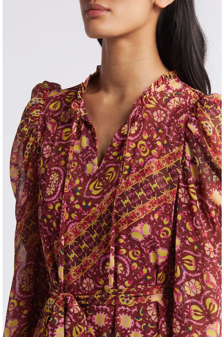 Print Long Sleeve Chiffon Tiered Dress, Alternate, color, RED MULTI