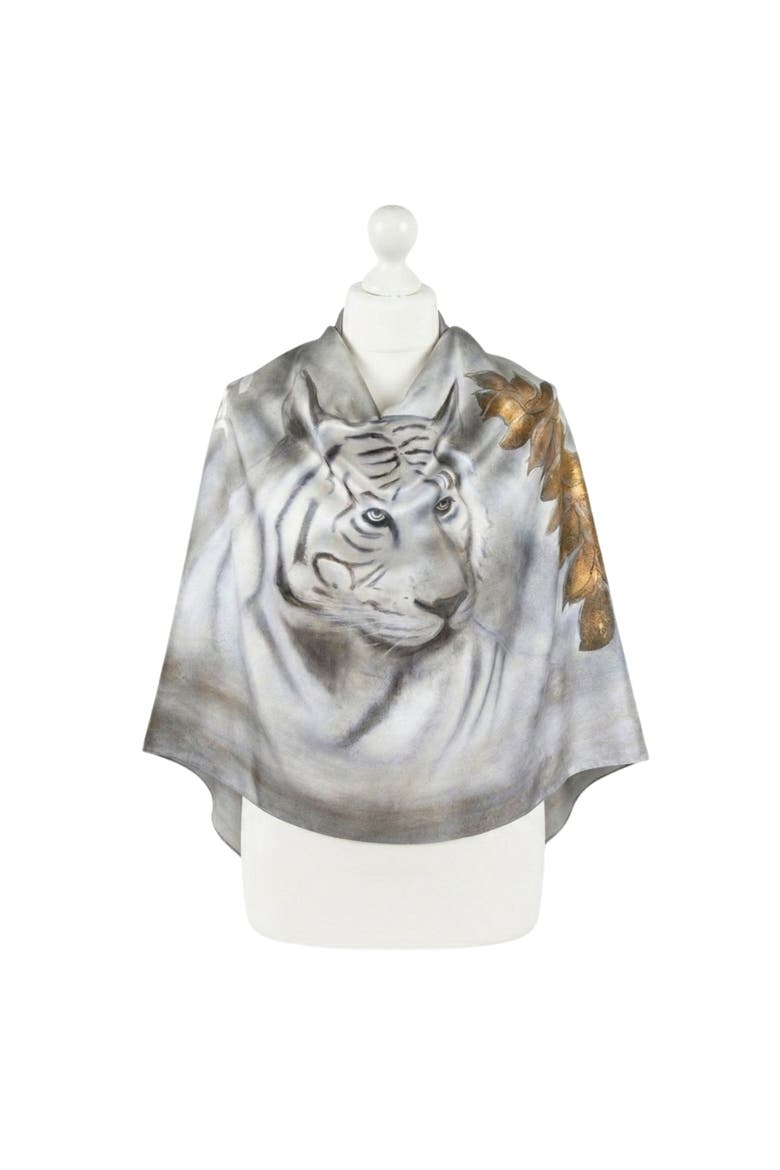 White Tiger Print Silk Scarf, Alternate, color, Grey / Silver