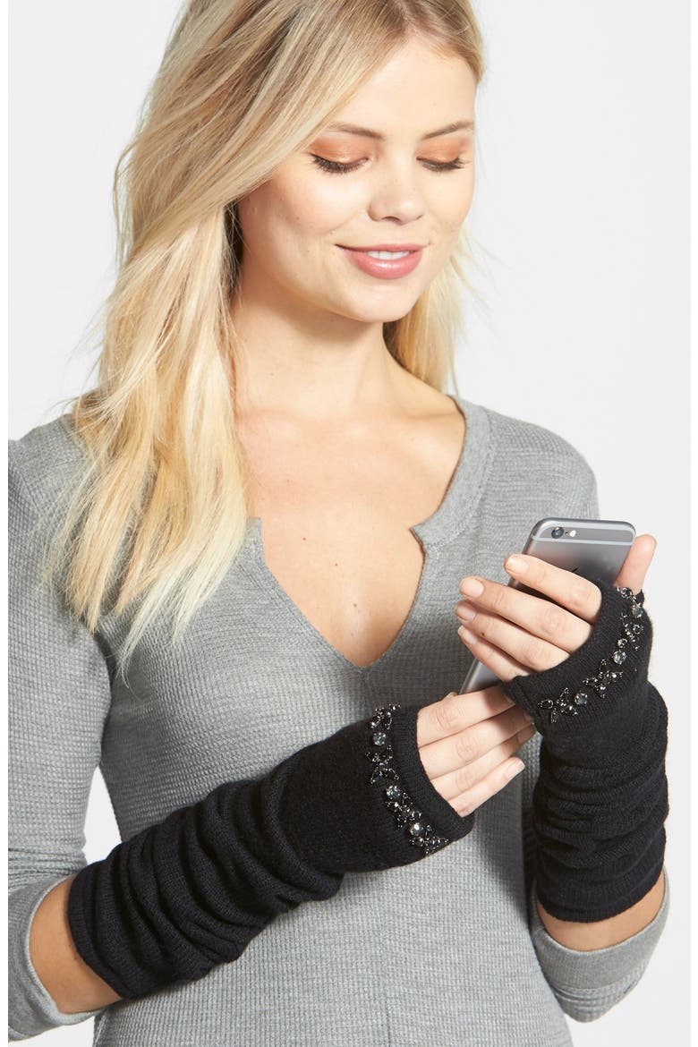 Jeweled Fingerless Arm Warmer Gloves, Main, color, BLACK/ JET AND SMOKE