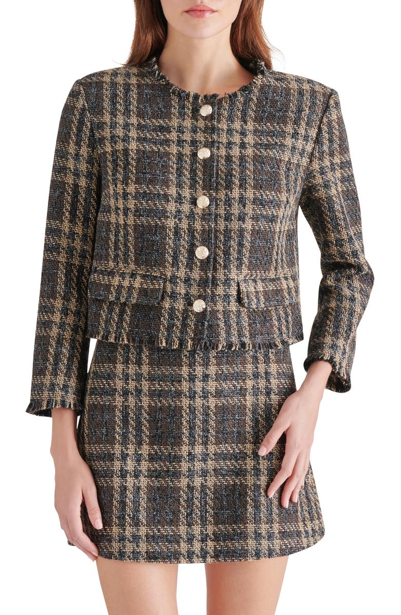 Steve Madden Tweed Three-Quarter Sleeve Jacket, Main, color, Brown
