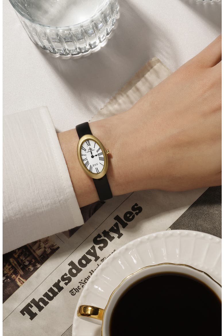 Women's Eloise Oval Guilloche Dial Leather Watch, Alternate, color, BLACK/ WHITE