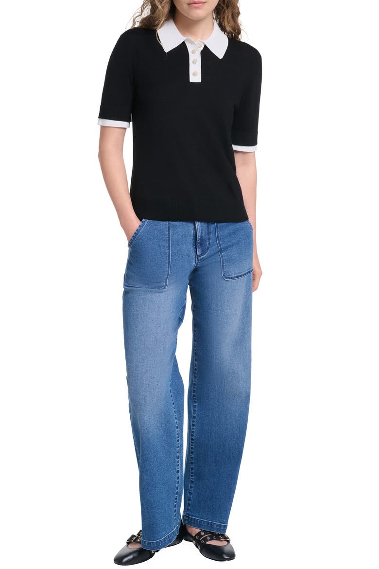 Johnny Collar Short Sleeve Sweater, Alternate, color, BLACK/ SOFT WHITE