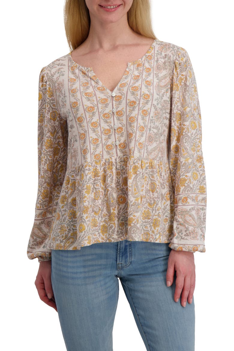 Long Sleeve Cotton Peplum Top, Main, color, CREAM FLORAL