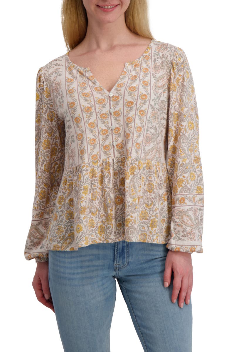 Lucky Brand Long Sleeve Cotton Peplum Top, Main, color, Cream Floral