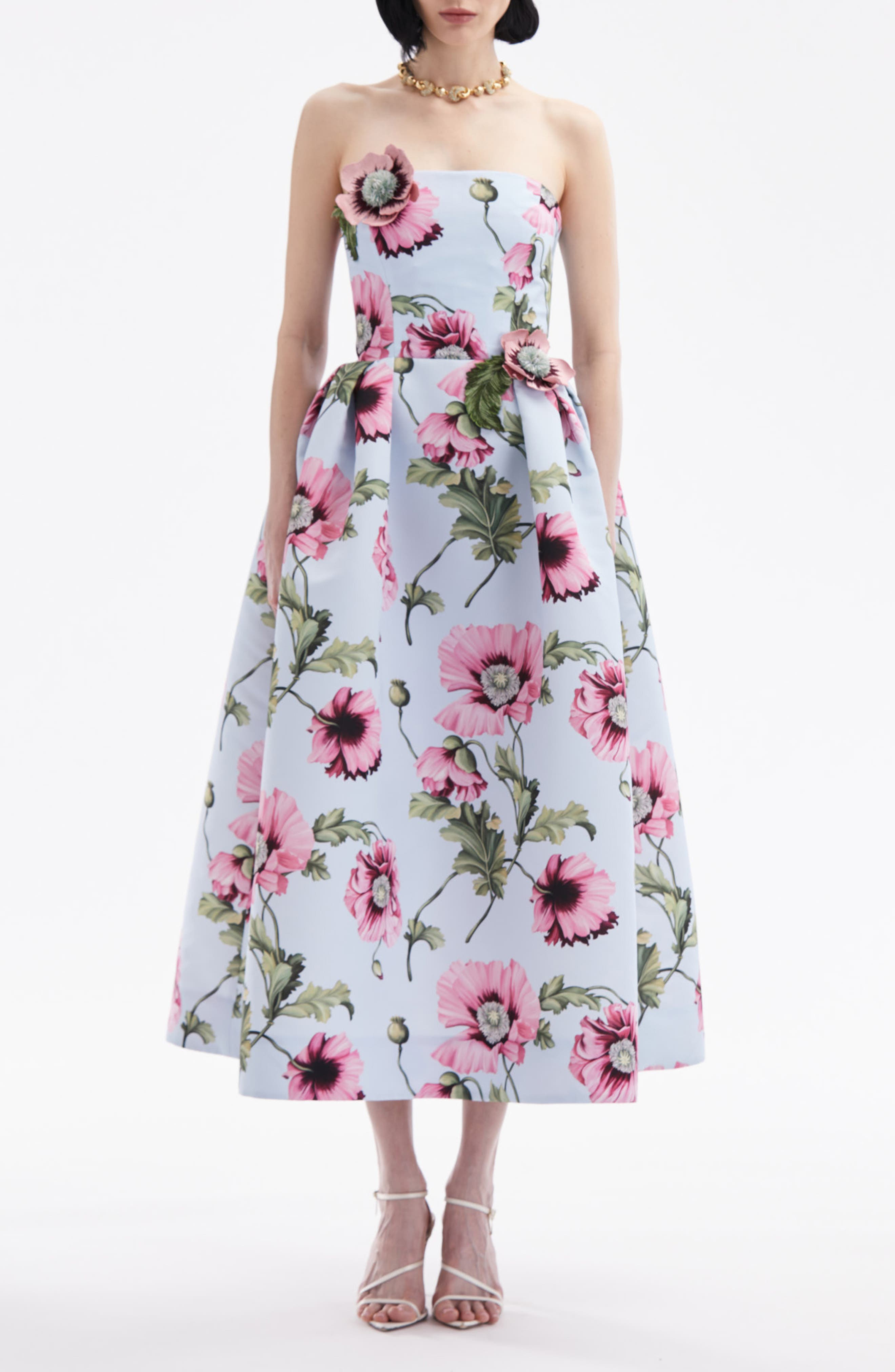 Oscar de la Renta Poppies Strapless Cocktail Midi Dress (Women ...