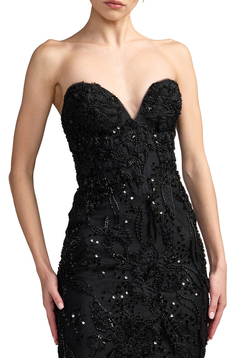 Floral Beaded Mesh Strapless Column Gown, Alternate, color, Black