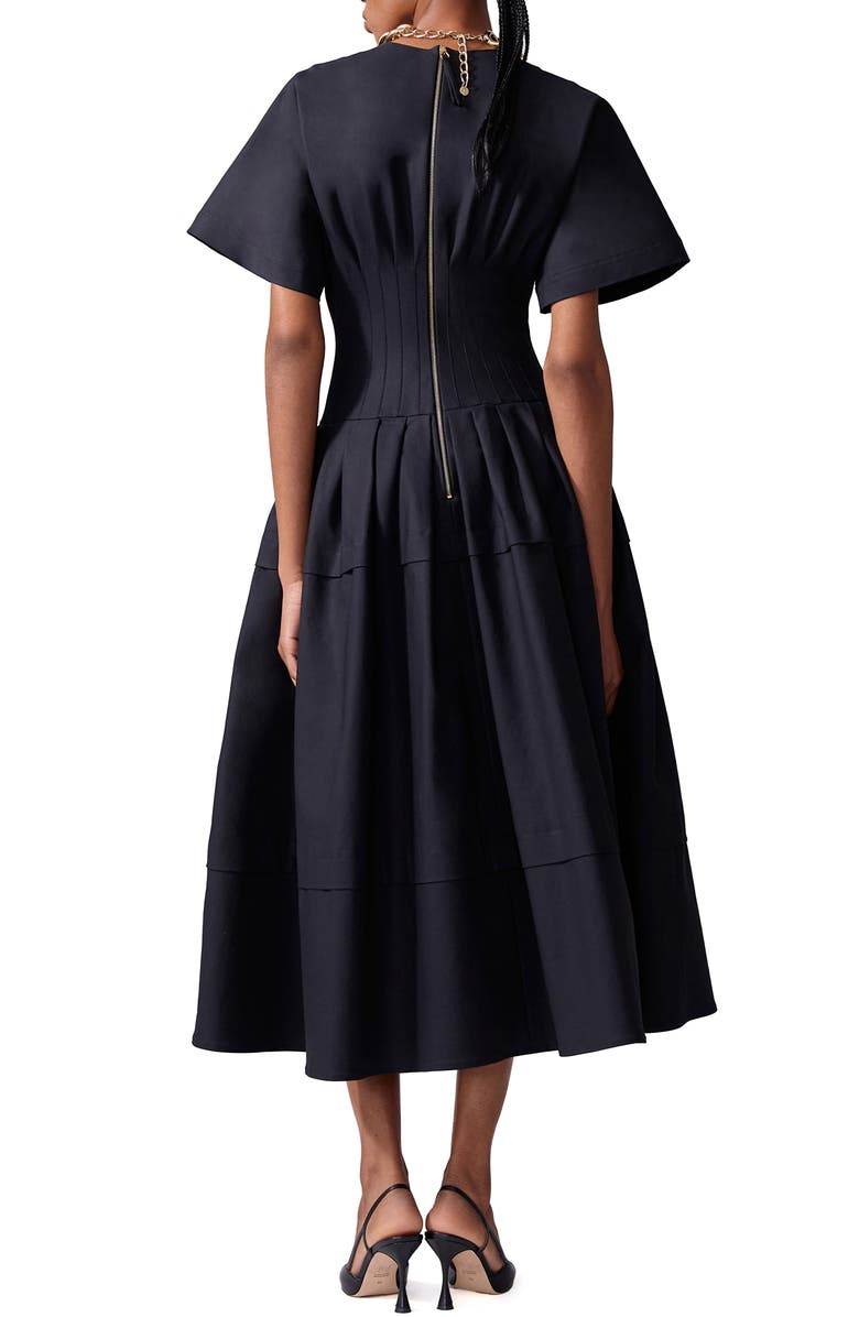 Carolina Herrera Pleated Stretch Cotton Sateen Midi Dress, Alternate, color, Black