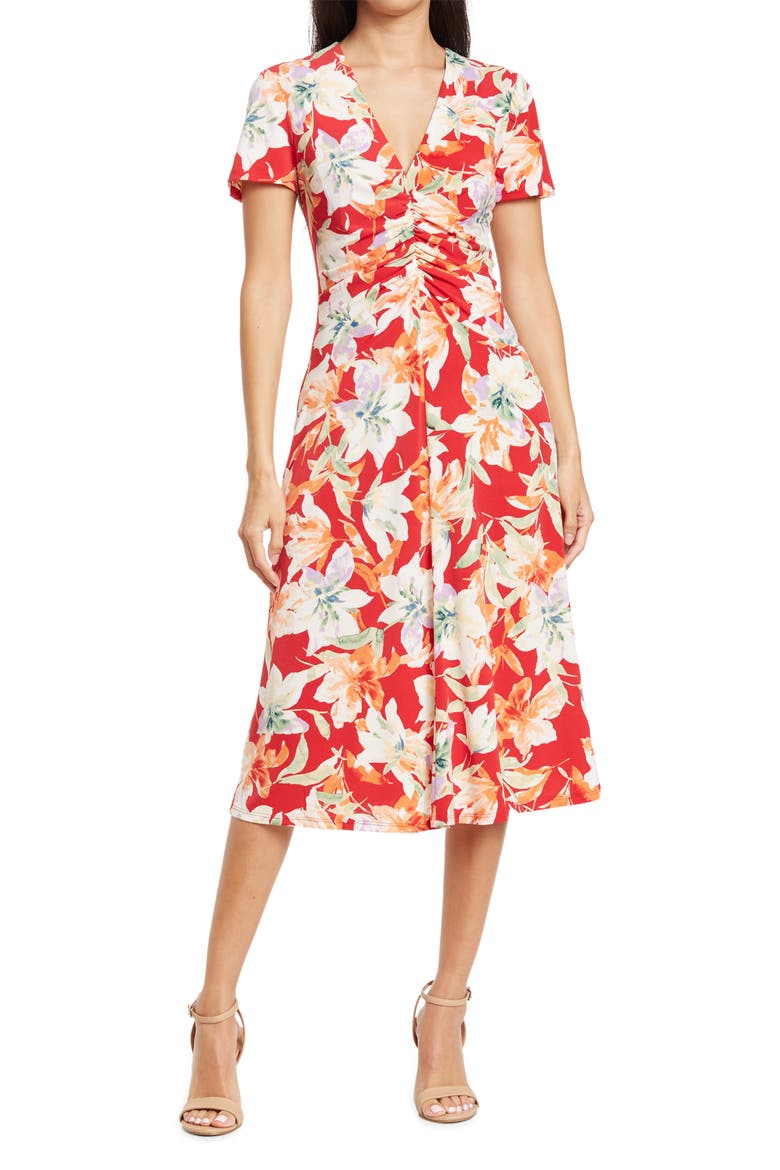 Floral Short Sleeve Ruched Midi Dress, Main, color, RED/ APRICOT