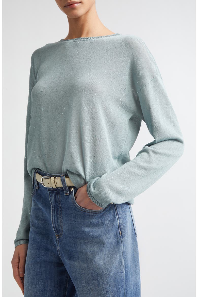 Sequin Silk & Cotton Crewneck Sweater, Alternate, color, 175 JADE