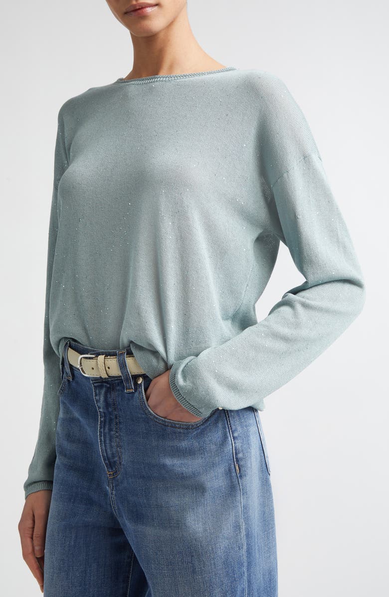 Eleventy Sequin Silk & Cotton Crewneck Sweater, Alternate, color, 175 Jade
