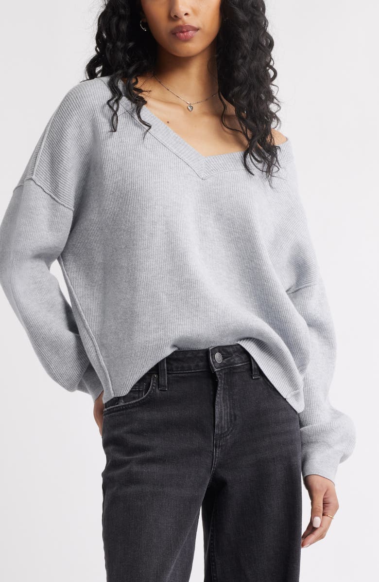 BP. Seamed Oversize V-Neck Rib Sweater, Main, color, Grey Soft Heather