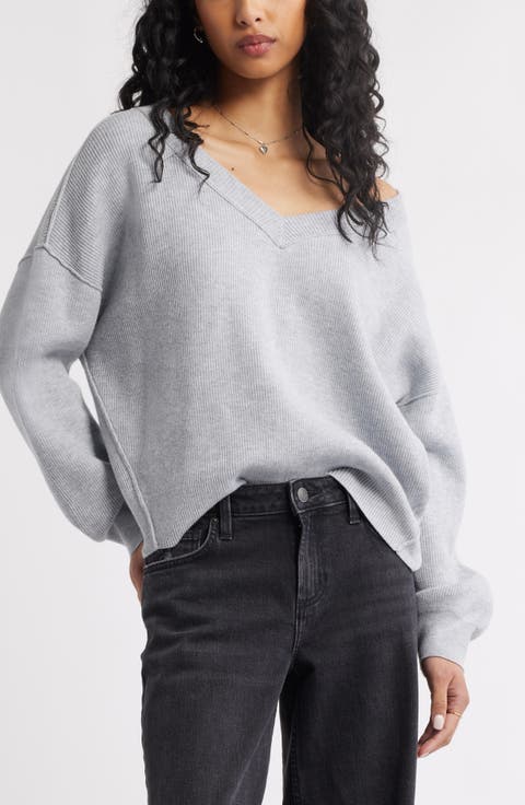 Seamed Oversize V-Neck Rib Sweater