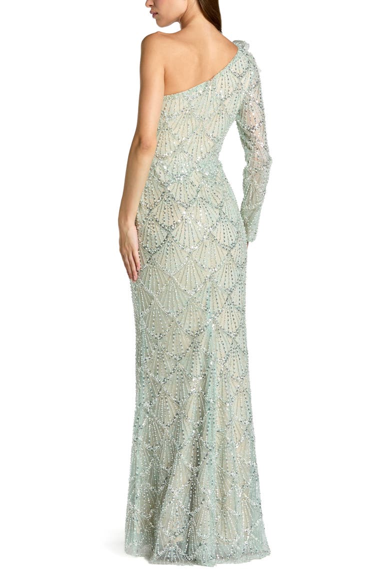 One Sleeve 3D Flower Sequin Column Gown, Alternate, color, Seafoam