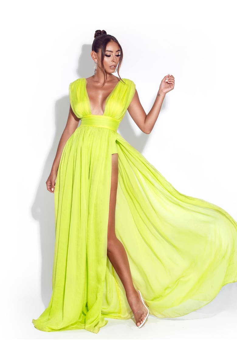 Miss Circle Valley Of Angels Chiffon Pleated High Slit Maxi Dress, Main, color, Lime