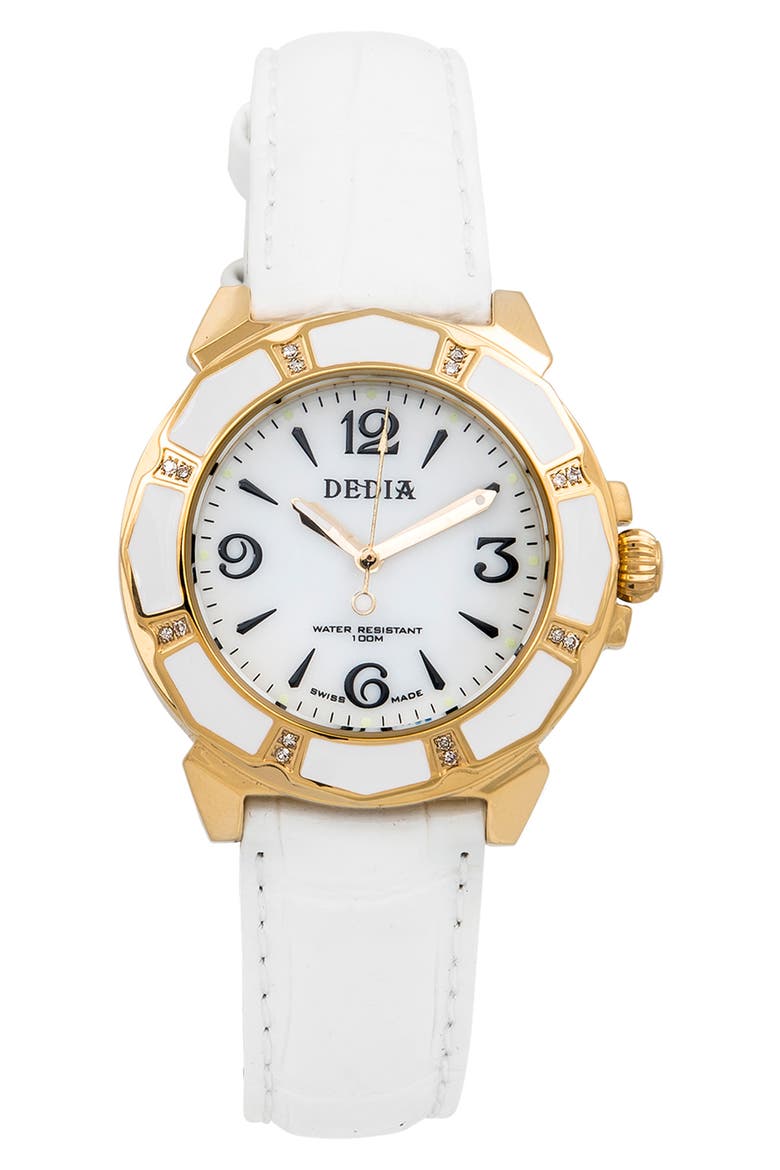 Lily L Leather Strap Watch, 33mm x 36mm - 0.25 ctw, Main, color, WHITE/ GOLD