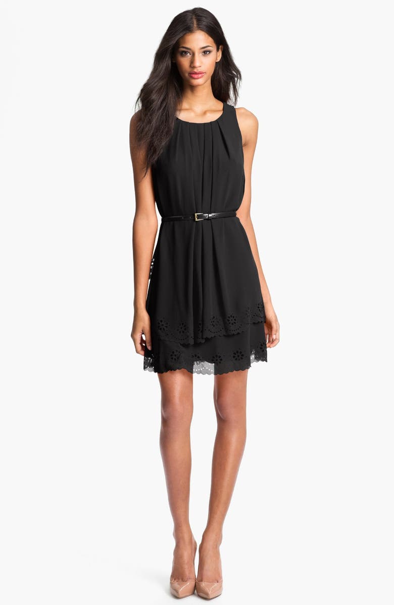 Jessica Simpson Tiered Eyelet Crêpe de Chine Dress, Main, color, 