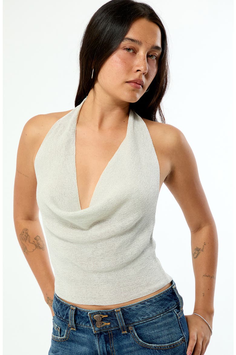Athena Cowl Halter Neck Metallic Knit Top, Alternate, color, IVORY