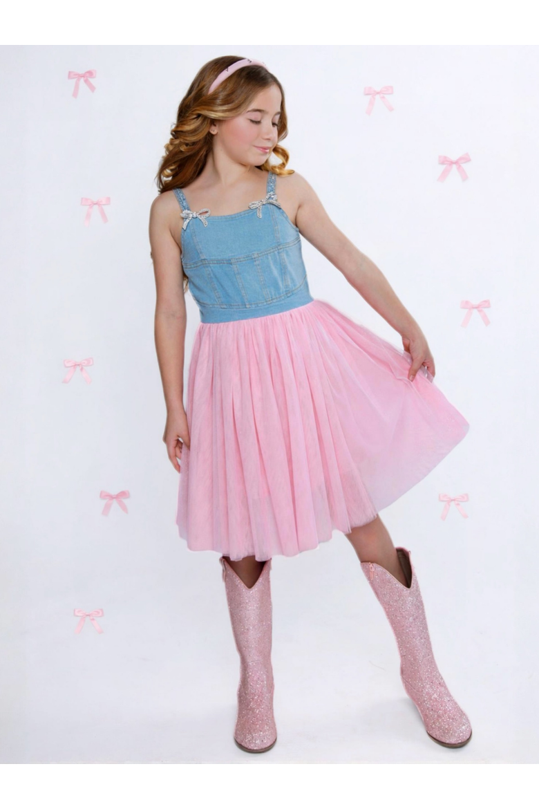 Sparkle Denim Bow Tulle Dress, Alternate, color, Pink