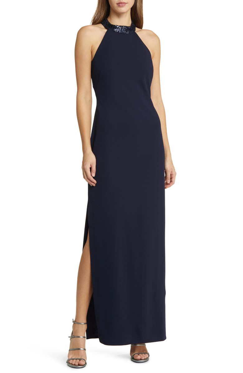 Vince Camuto Sequin Neck Column Gown, Main, color, 