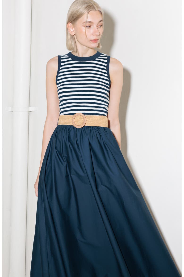 Belted Mixed Media Midi Dress, Alternate, color, NAVY MIX