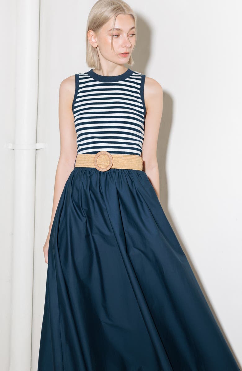 FREEMARKET Belted Mixed Media Midi Dress, Alternate, color, Navy Mix