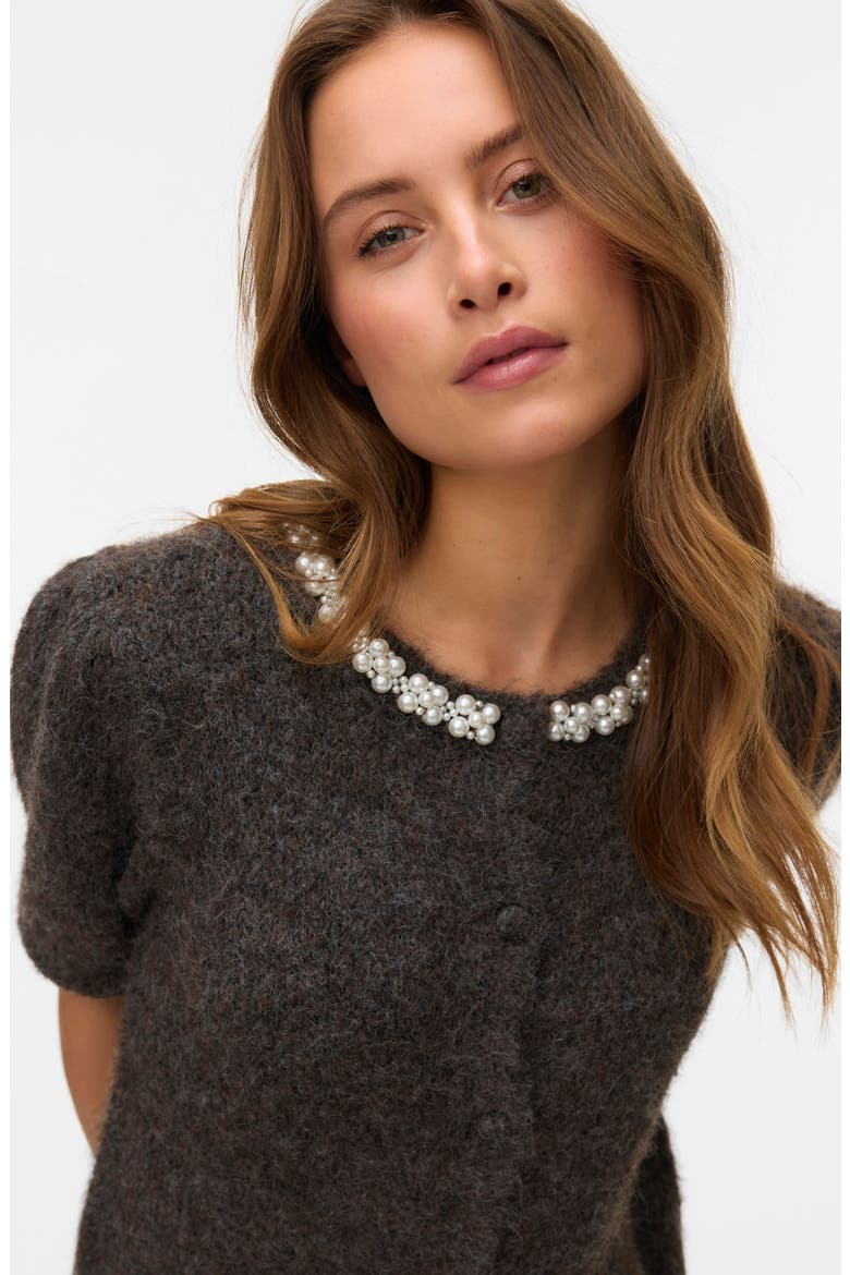 Ocean Pearly Short Sleeve Cardigan, Alternate, color, CHOCOLATE TORTE DETA