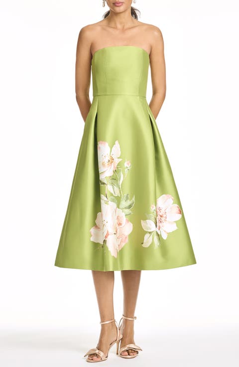 hay Placed Floral Strapless Cocktail Midi Dress