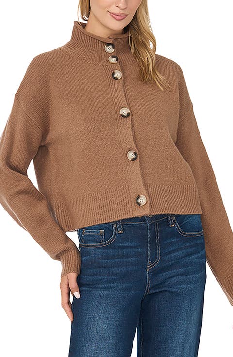 Roll Edge Mock Neck Cardigan