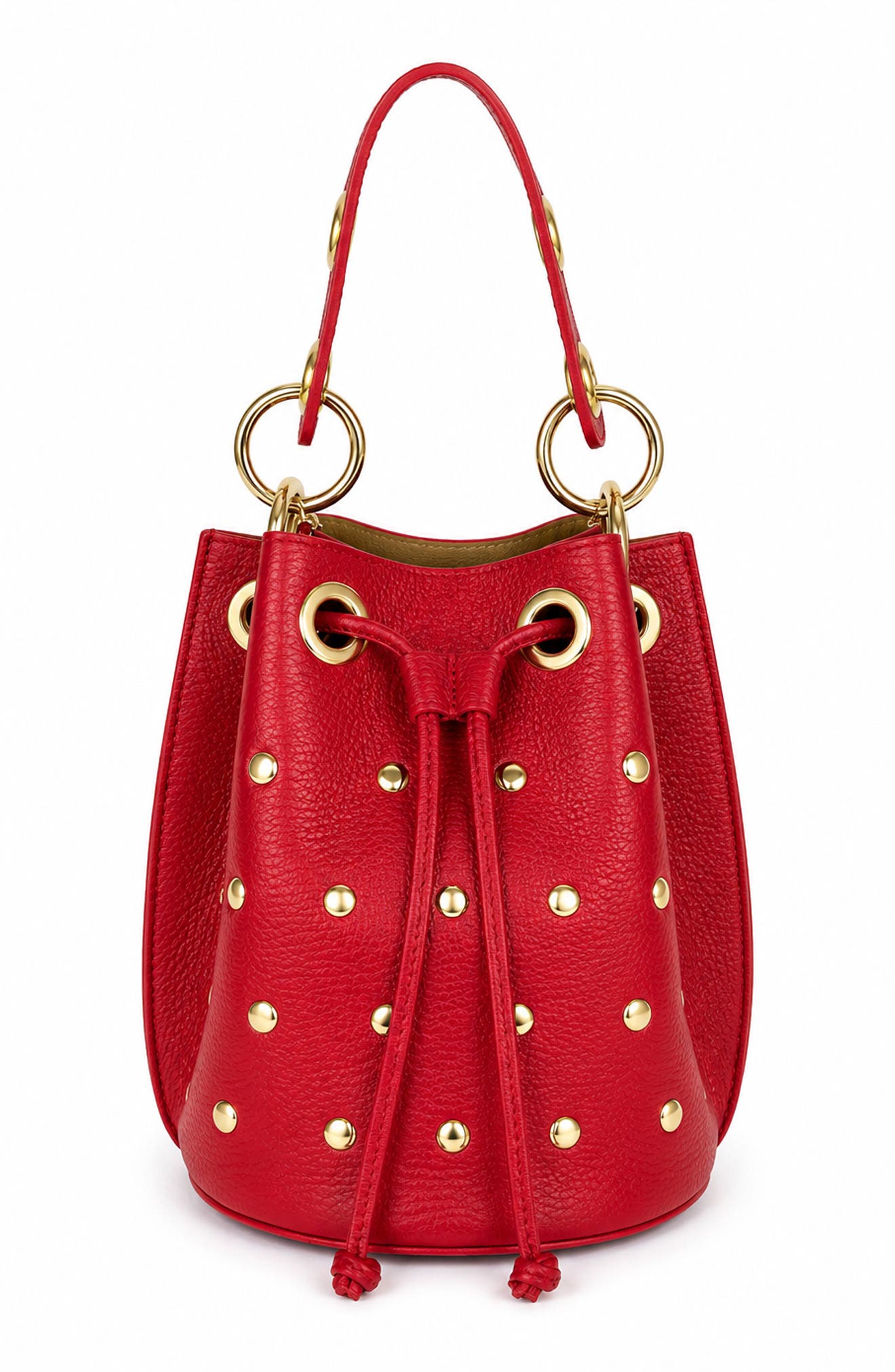 Paolina Studded Leather Bucket Bag, Main, color, BURGUNDY