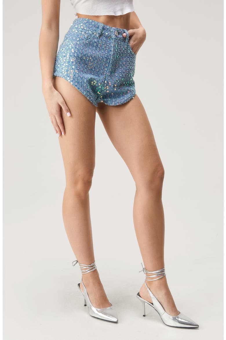 Sequin High Waist Denim Micro Shorts, Alternate, color, PALE WASH