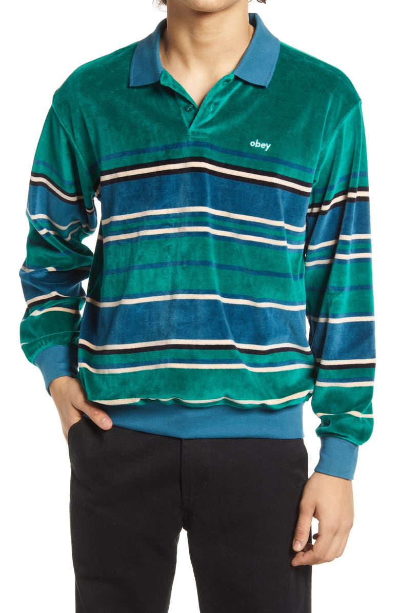 Obey Clifton Stripe Long Sleeve Velour Polo, Main, color,
