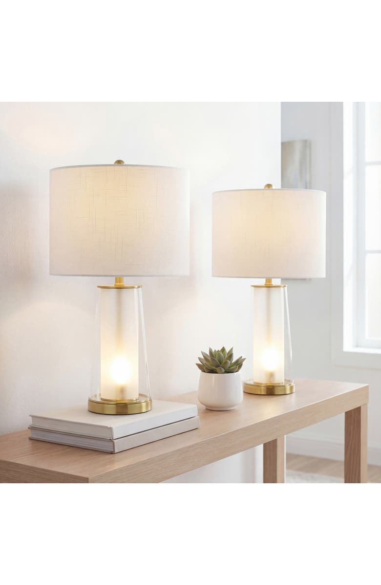 JONATHAN Y Tryon 26" Modern Minimalist Glass/Iron Nightlight LED Table Lamp, Main, color, Clear/Brass Gold