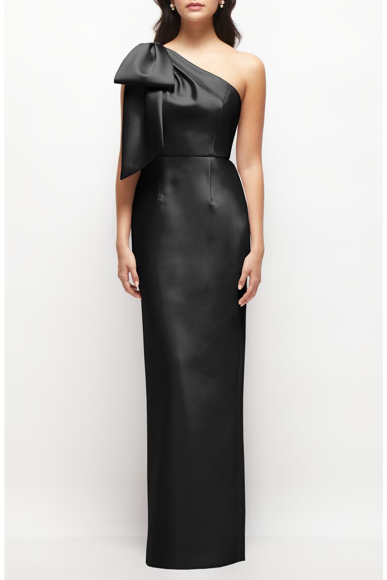 Bow Detail One-Shoulder Satin Twill Column Gown, Main, color, BLACK