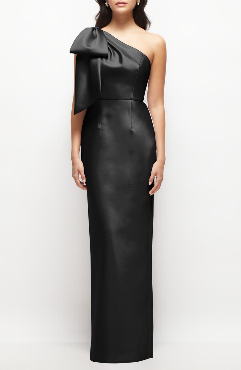 Alfred Sung Bow Detail One-Shoulder Satin Twill Column Gown, Main, color, Black