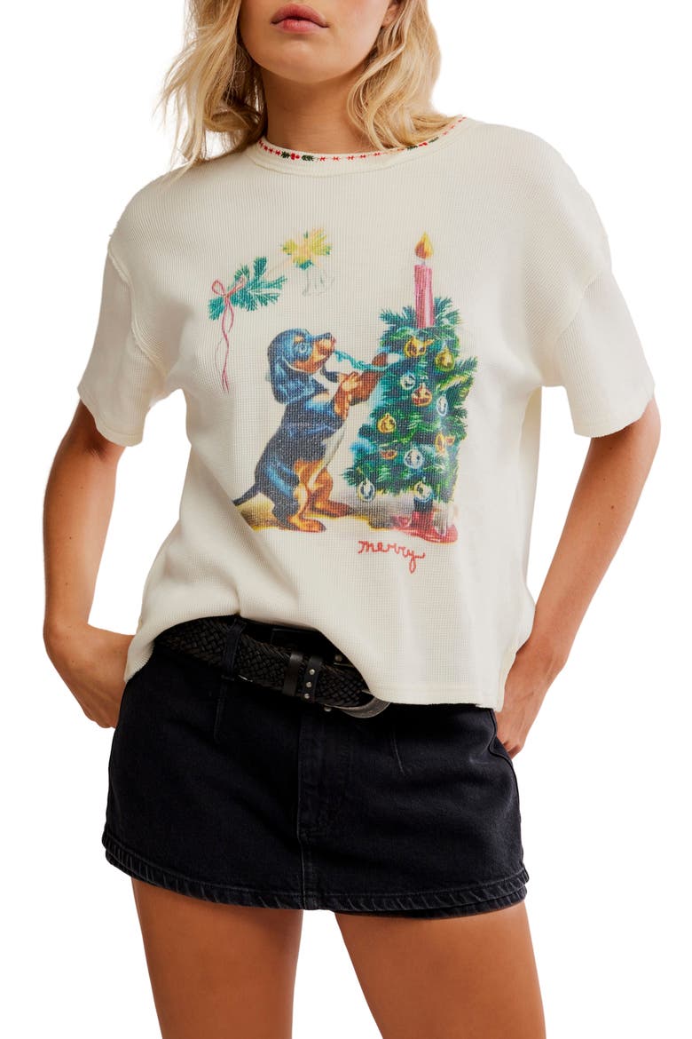 Merry Holiday Waffle Knit Cotton Graphic T-Shirt, Main, color, IVORY COMBO
