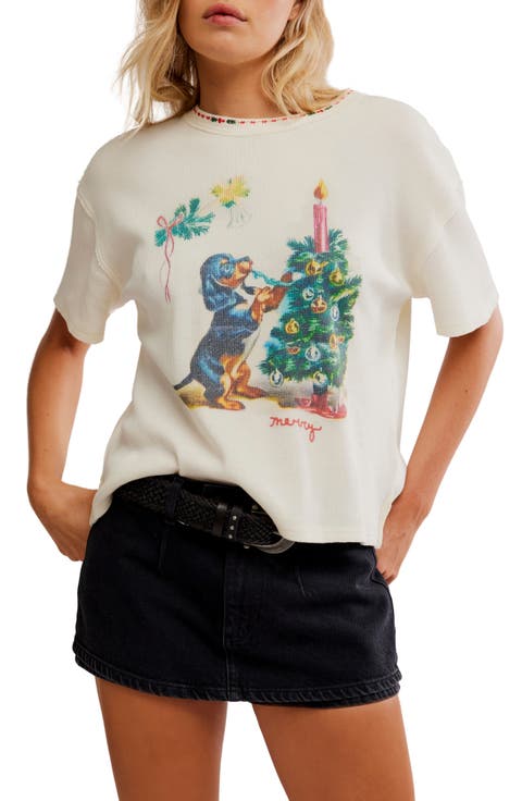 Merry Holiday Waffle Knit Cotton Graphic T-Shirt