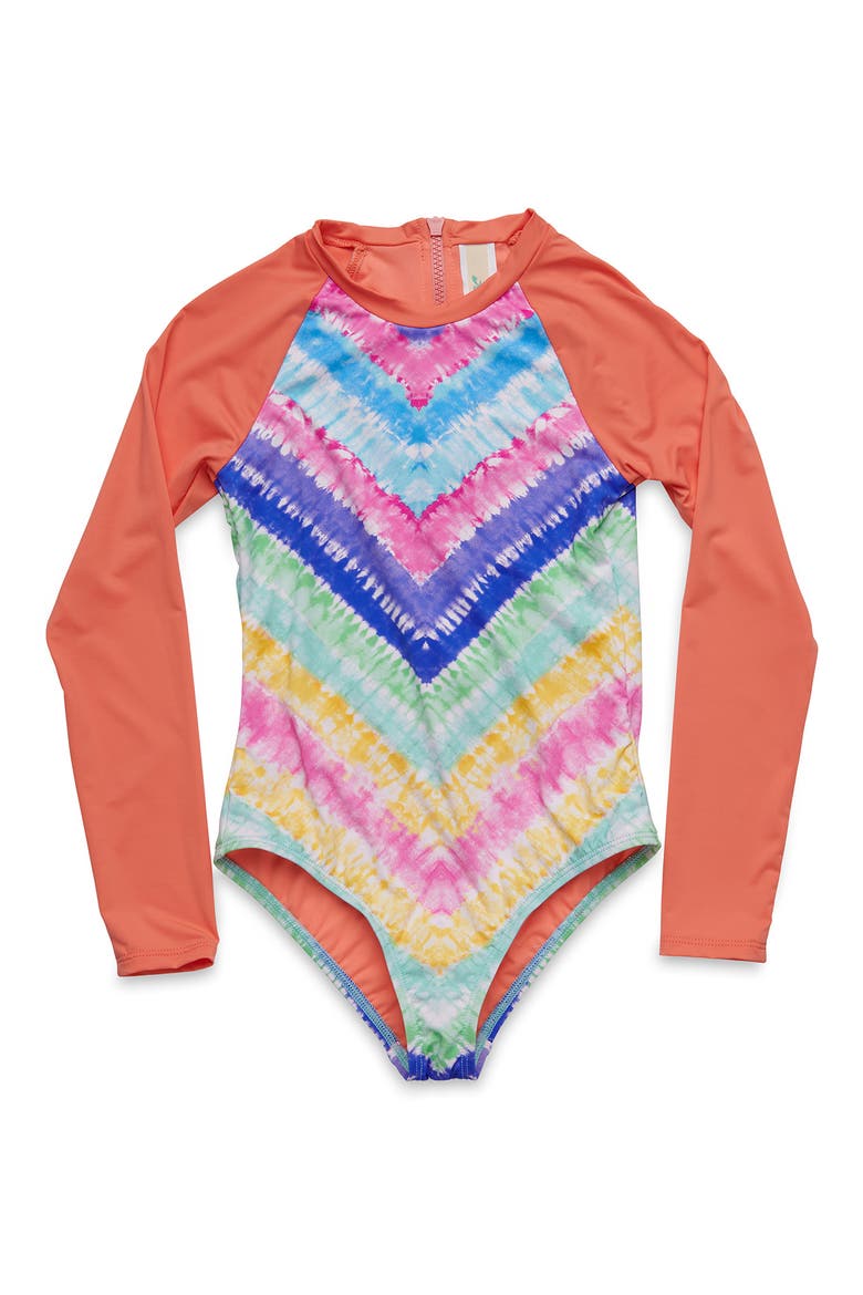 Kids' Chevron Tie Dye One-Piece Rashguard Swimsuit, Main, color, CORAL