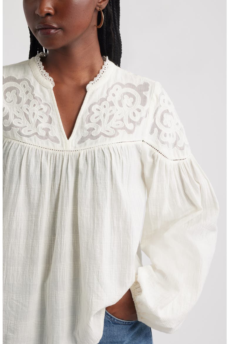 Appliqué Yoke Balloon Sleeve Cotton Top, Alternate, color, IVORY EGRET
