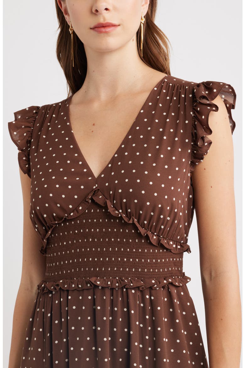 Smocked Chiffon Midi Dress, Alternate, color, BROWN- IVORY KATE DOT