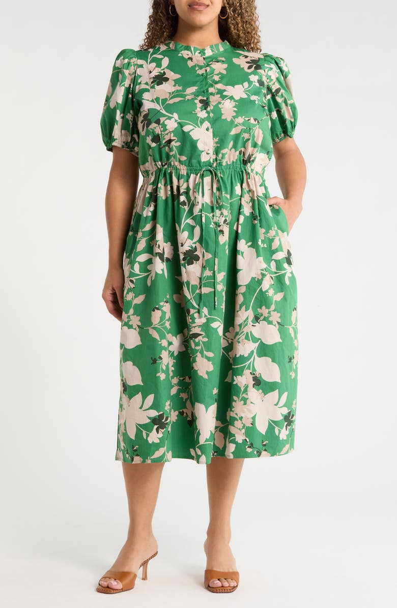 SUGARLIPS Nora Puff Sleeve Button Cotton Midi Dress, Main, color, Multi-Green