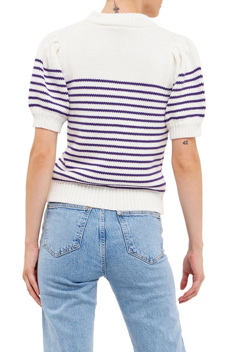 Stripe Short Puff Sleeve Sweater, Alternate, color, WHITE/ PURPLE