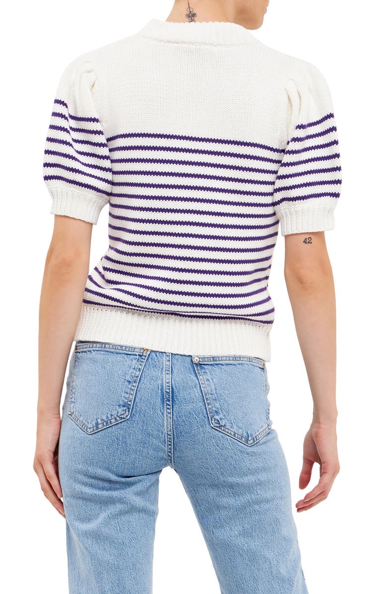 English Factory Stripe Short Puff Sleeve Sweater, Alternate, color, White/ Purple