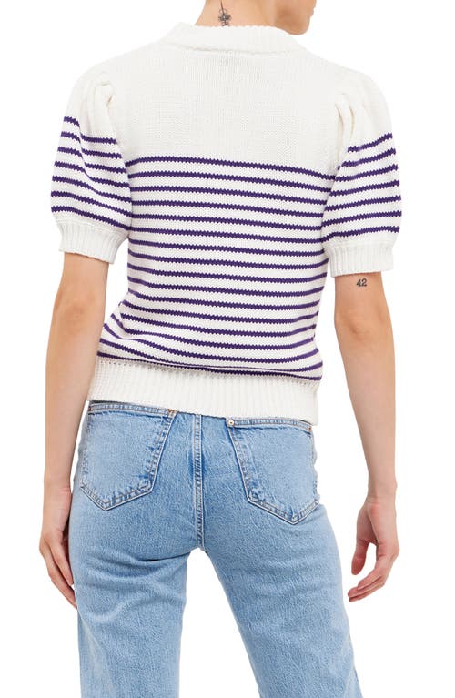 English Factory Stripe Short Puff Sleeve Sweater In White/purple