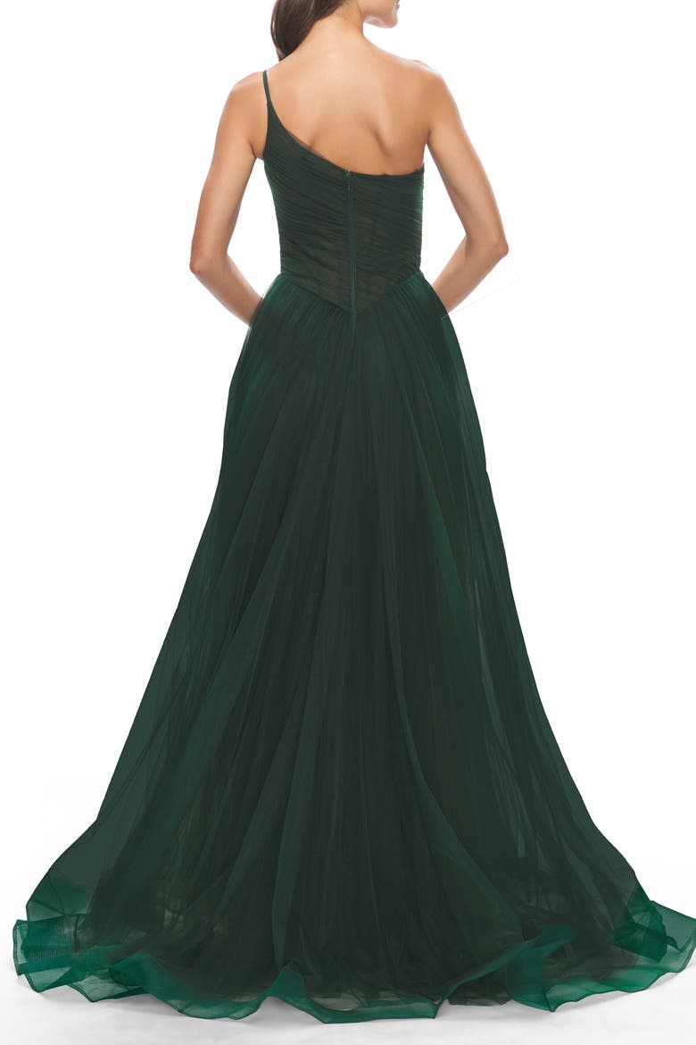 One Shoulder A-Line Tulle Gown with Sheer Bodice, Alternate, color, Dark Emerald