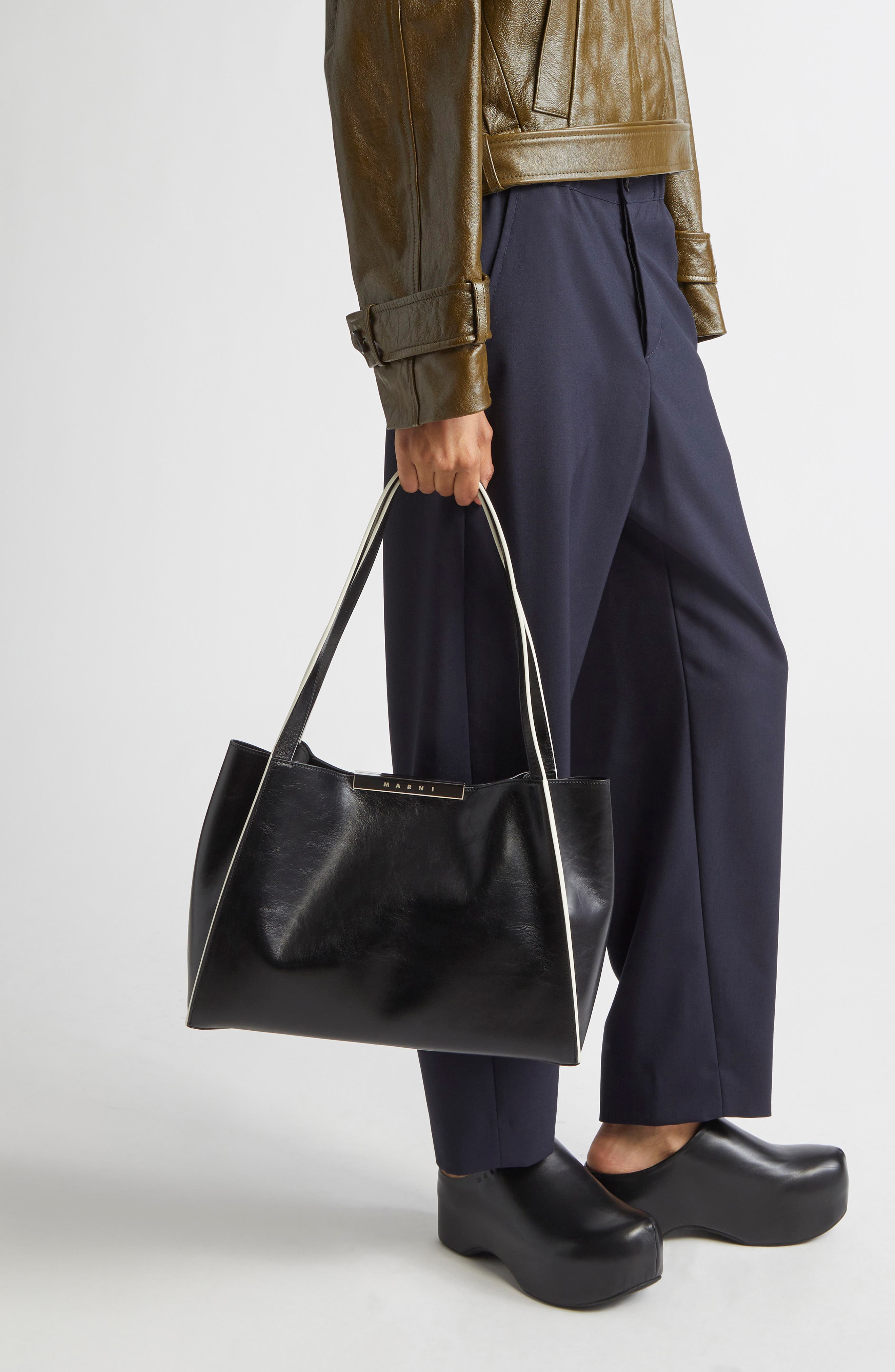 Marni East/West Duffle Leather Shoulder Bag, Alternate, color, Black