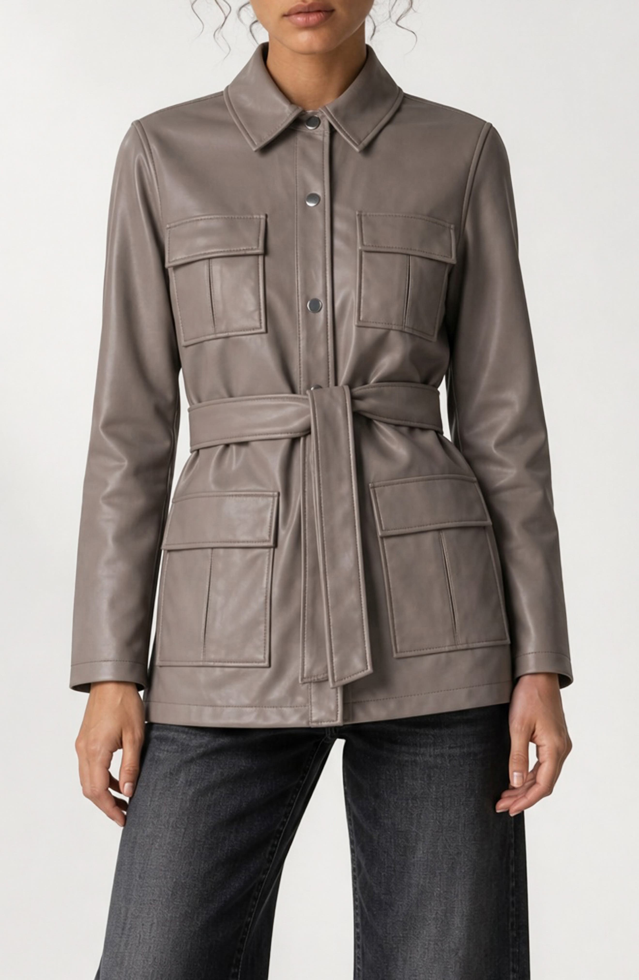 Jutta Faux Leather Belted Shirt Jacket