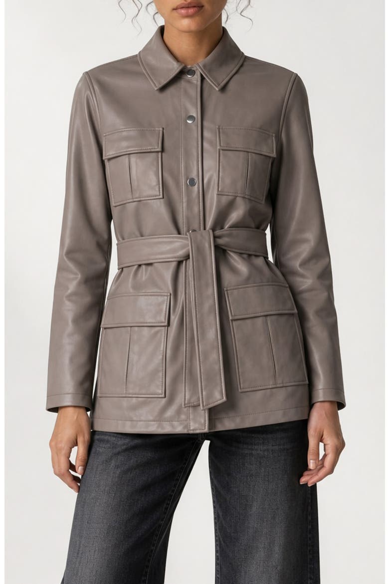 Jutta Faux Leather Belted Shirt Jacket, Main, color, LEAFLESS TREE
