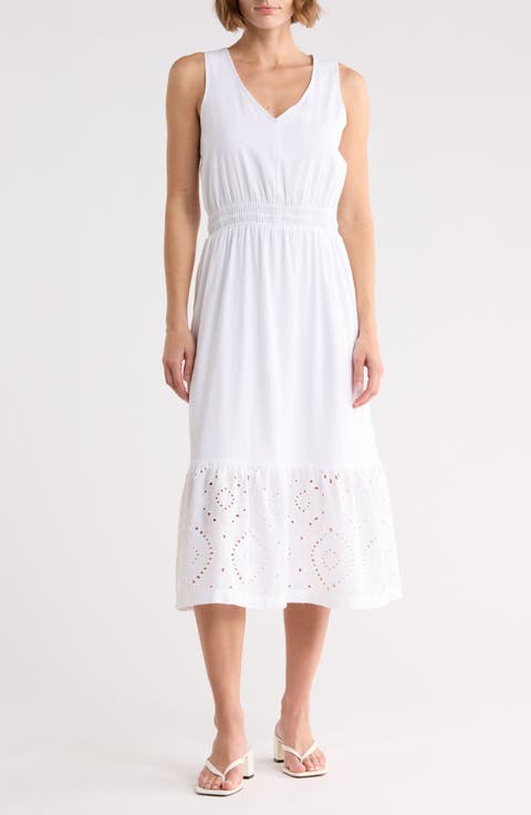 Embroidered Eyelet Sleeveless Cotton Blend Midi Dress