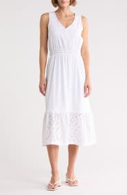 Splendid Embroidered Eyelet Sleeveless Cotton Blend Midi Dress
